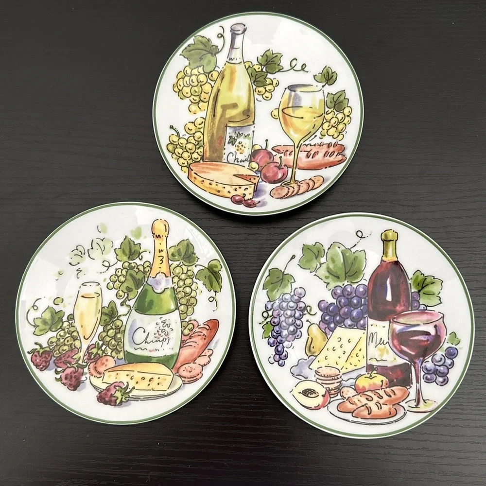 3 Porcelain Vintage Appetizer Wine Plates